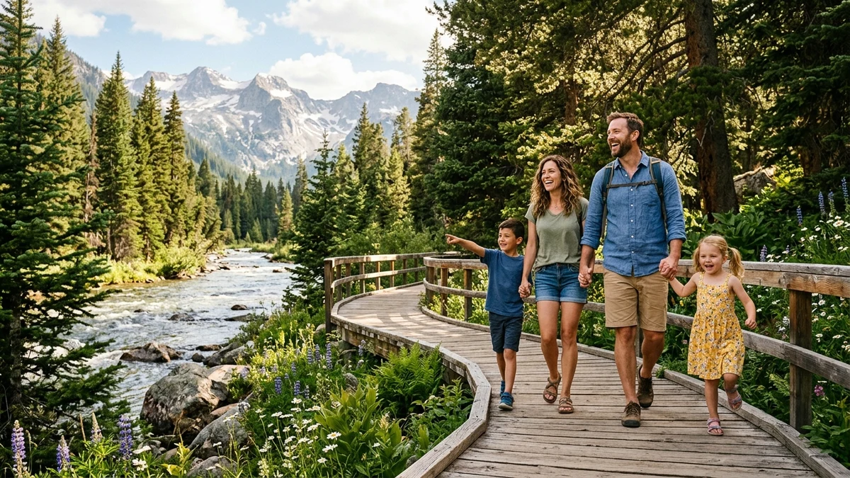 Family walking on scenic wooden boardwalk trail in mountain forest with toddler in stroller