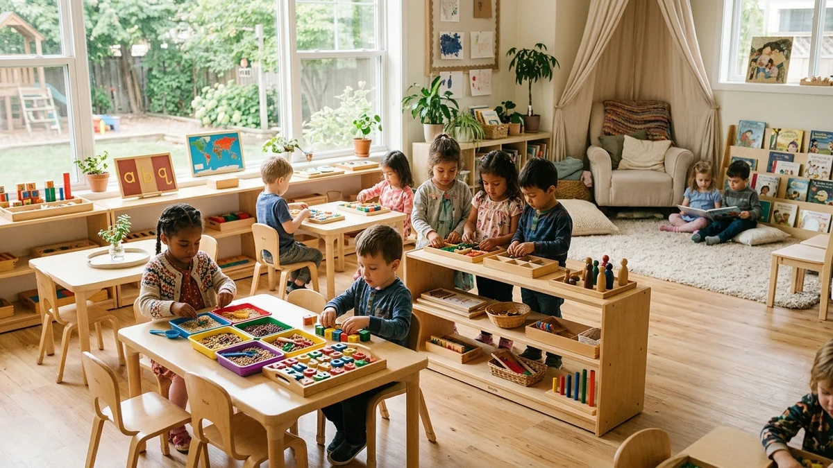 Preschool learning environment with Montessori wooden counting blocks, watercolor sketches, and craft table